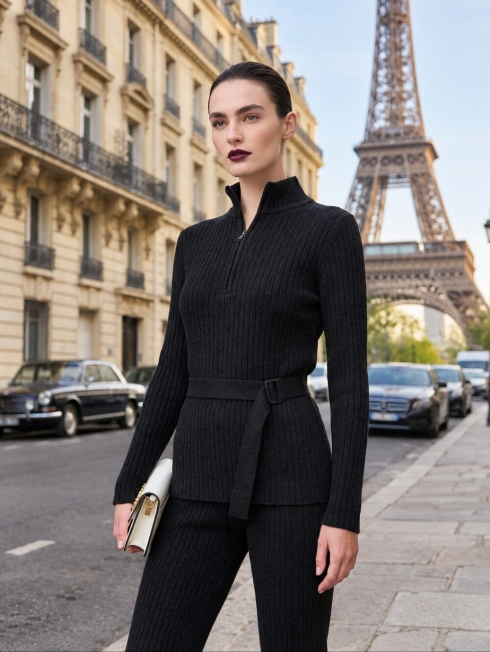 Contact New York Ribbed Belted Long Sleeve 1/4 Zip Sweater Black Cotton Blend Lg
